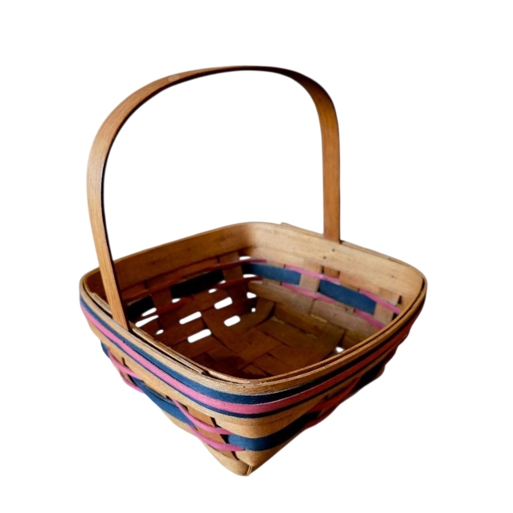 Workshop Wooden Hand Woven Berry Basket With Handle Red And Navy Patrotic Vtg